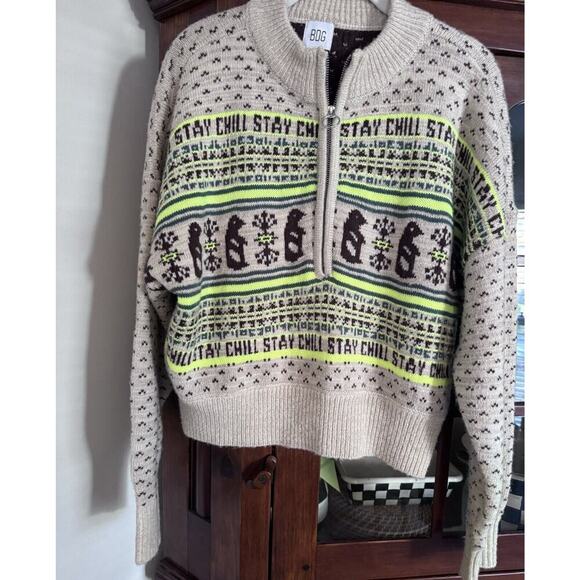Urban Outfitters Cream Chartreuse Fair Isle Penguin Pullover Sweater Jumper M - Picture 4 of 10